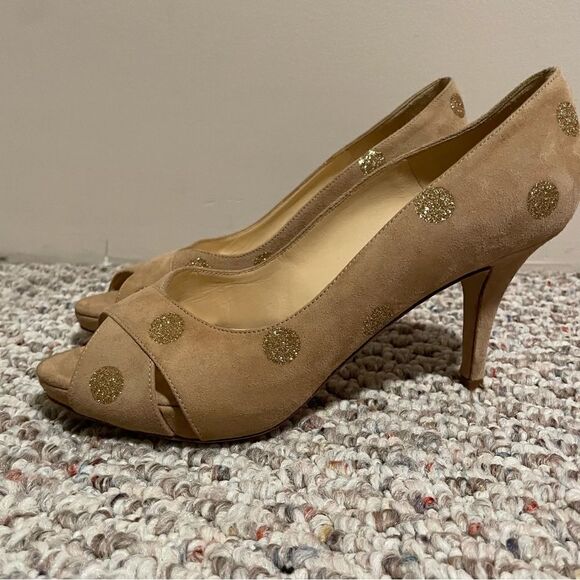 Kate Spade Tan Polka Dot Glitter Peep Toe Pump Heels Size 7 - Picture 6 of 7